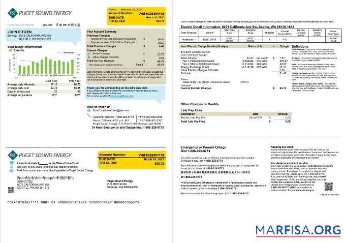 Downloadable USA Washington Puget Sound Energy utility bill template in Word and PDF format, 2 pages, version 2
